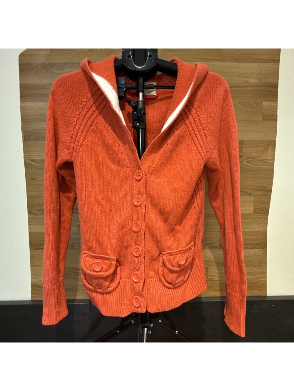 Old Navy Woman’s Knit Hooded Sweater Jacket Coral Orange Size L New with Tags